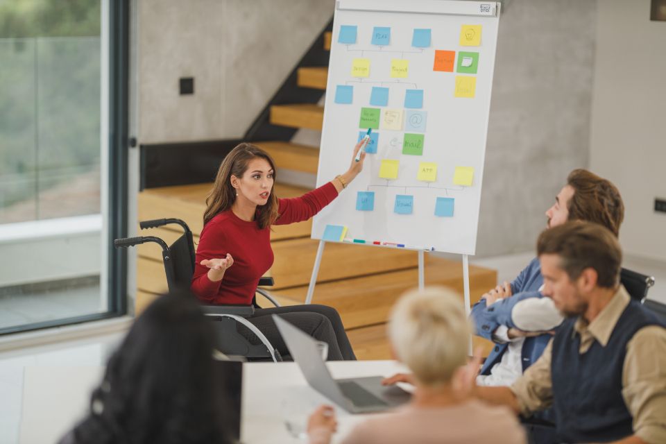 A woman in a wheelchair points at a flip chart of sticky notes while four colleagues listen around a table.